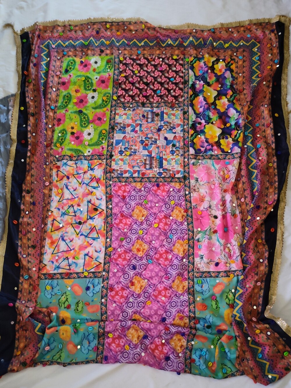Vibrant Multicolor Patchwork Silk Scarf Saree